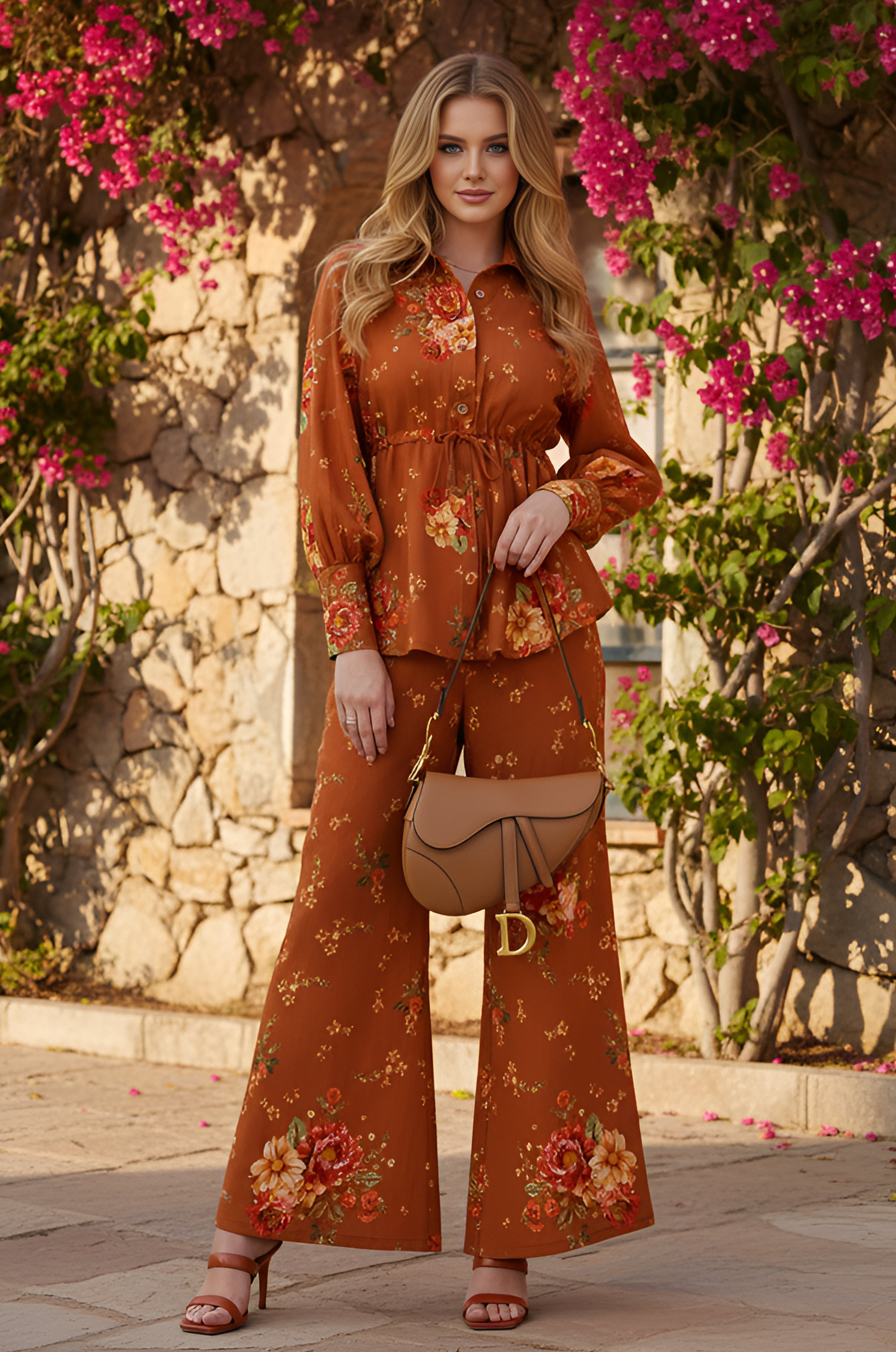 A woman stands outdoors by a stone wall with blooming bougainvillea, wearing the Parker rust floral-printed boho matching set with wide-leg pants and holding a tan handbag.